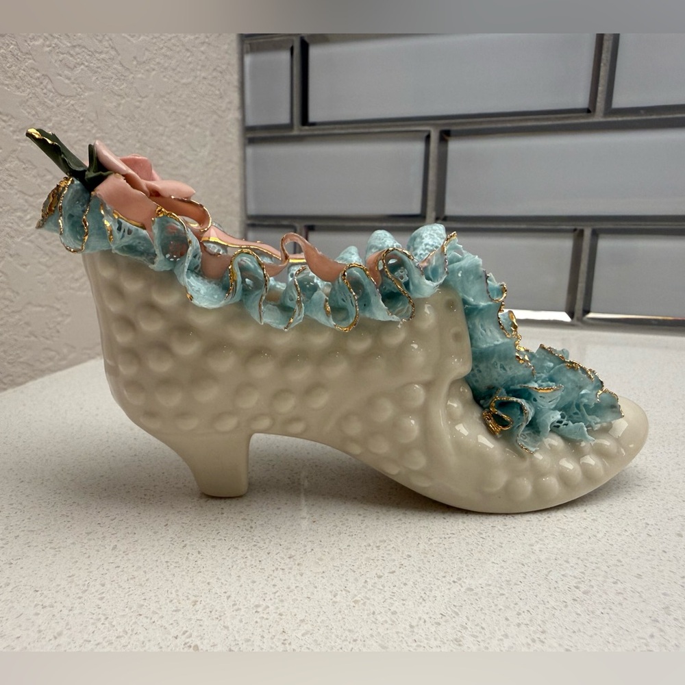 Vintage Porcelain Decorative Shoe Slipper Pink Roses Hobnail Mid-Century 50s - Picture 5 of 17